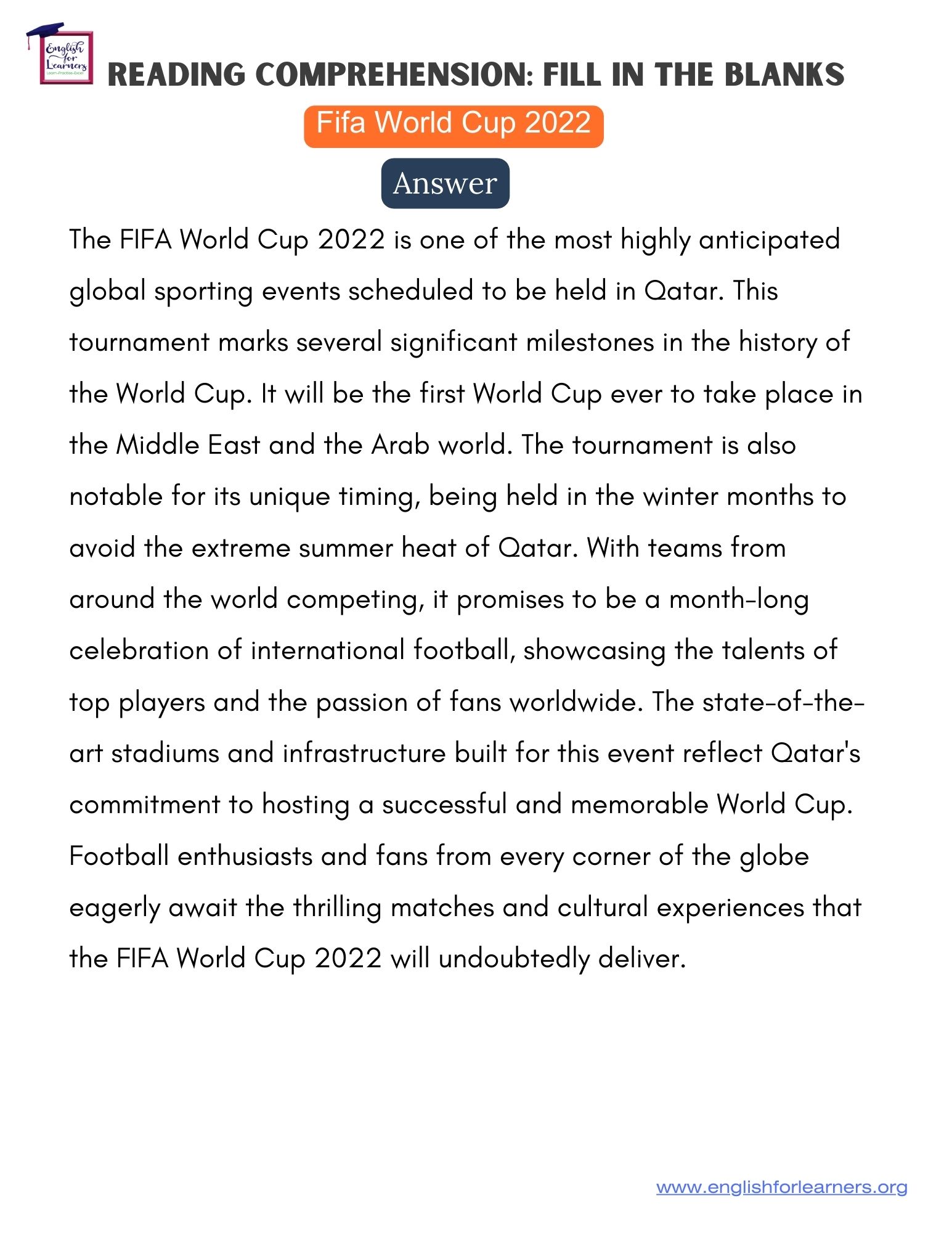 Fill in the Blanks Exercise FIFA World Cup 2022, reading comprehension exercise,fifa World Cup reading comprehension