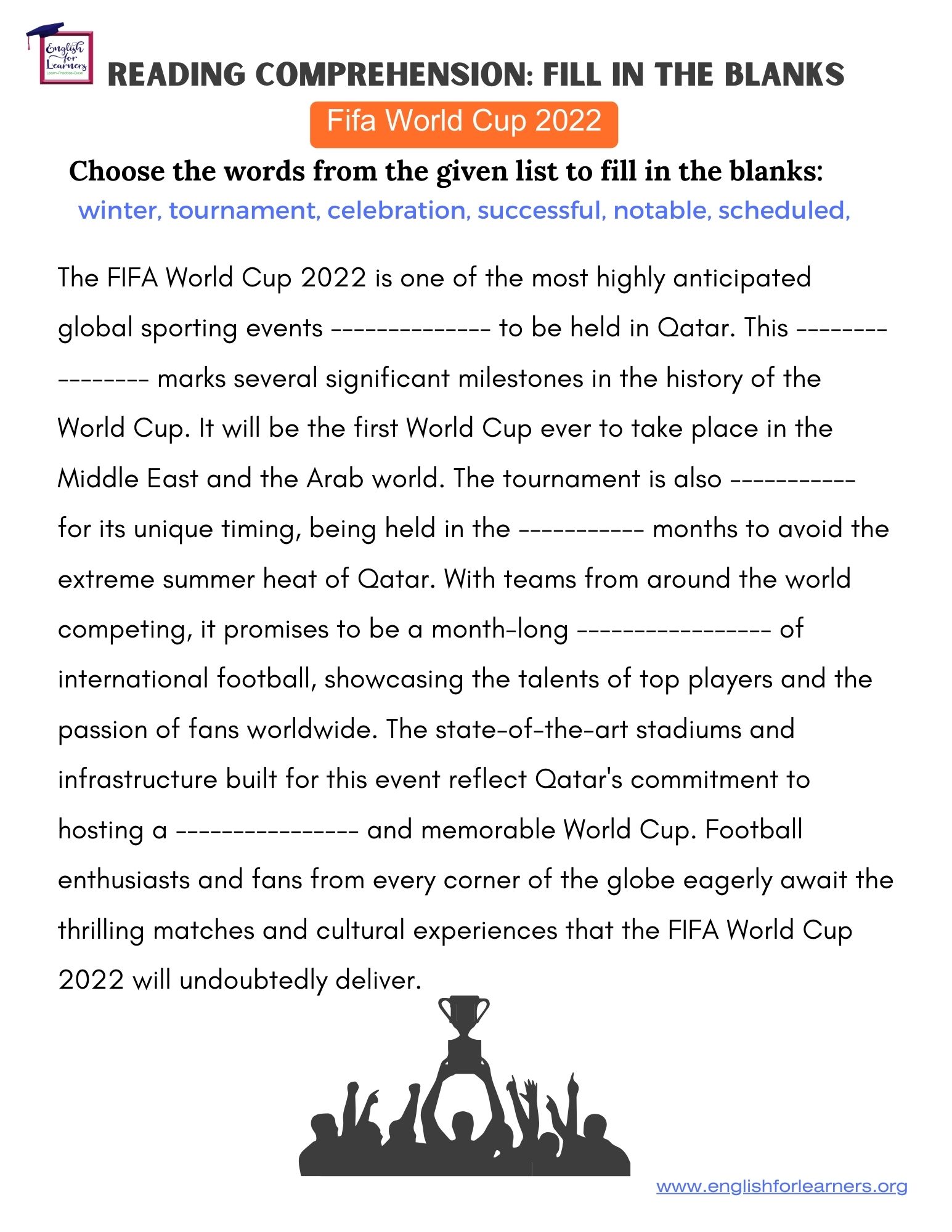 Fill in the Blanks Exercise FIFA World Cup 2022, reading comprehension exercise,fifa World Cup reading comprehension
 