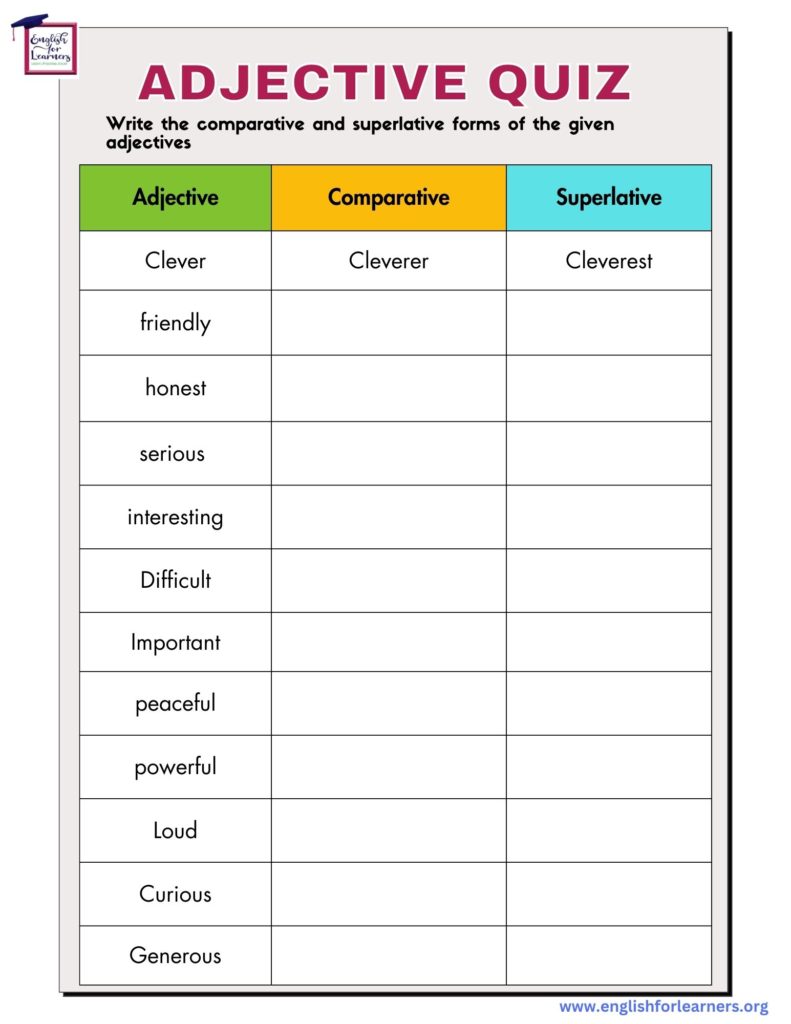 adjective quiz comparative and superlative, adjective degrees quiz, adjective quiz for esl, esl quizzes, 