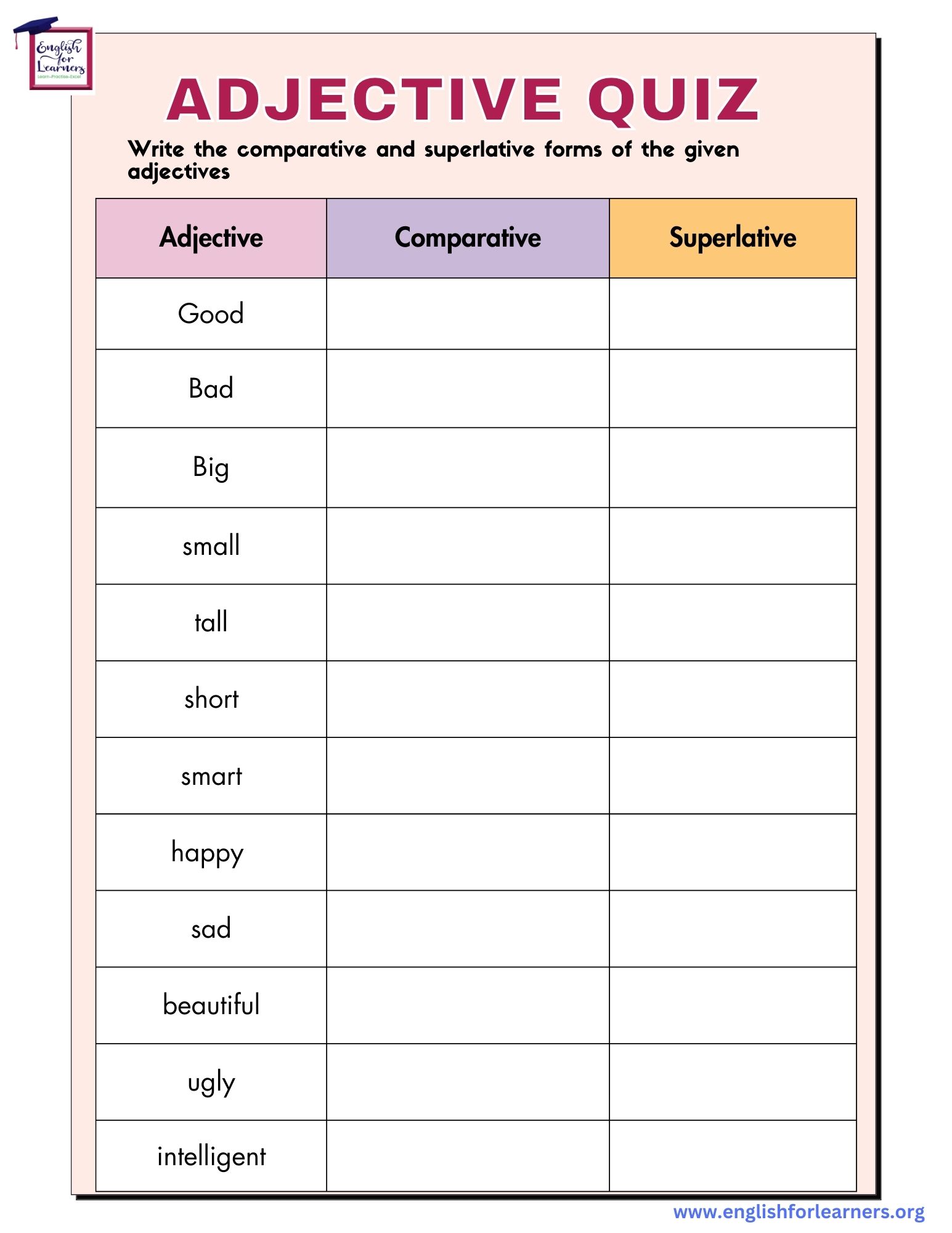 Adjectives Quiz Comparative & Superlative