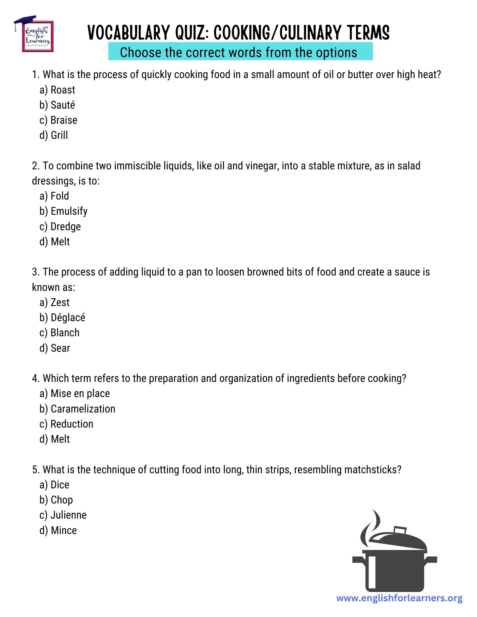 cooking terms, vocabulary quiz related to cooking, cooking terms quiz, culinary words