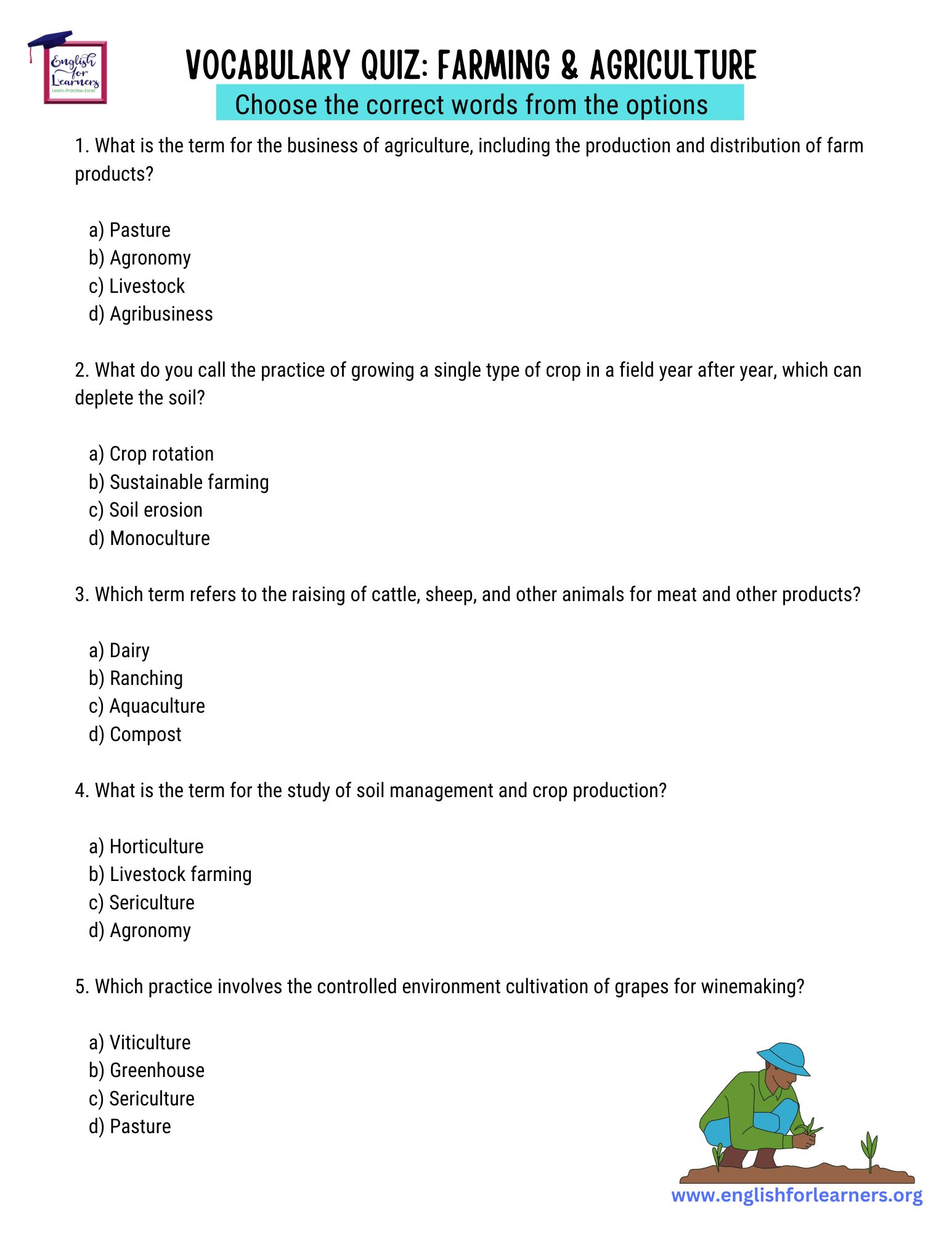 farming & agriculture vocabulary worksheets, agricultural vocabulary quiz,