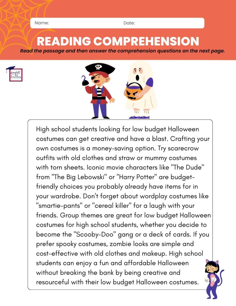 halloween costumes for students, reading comprehension halloween, halloween dressing