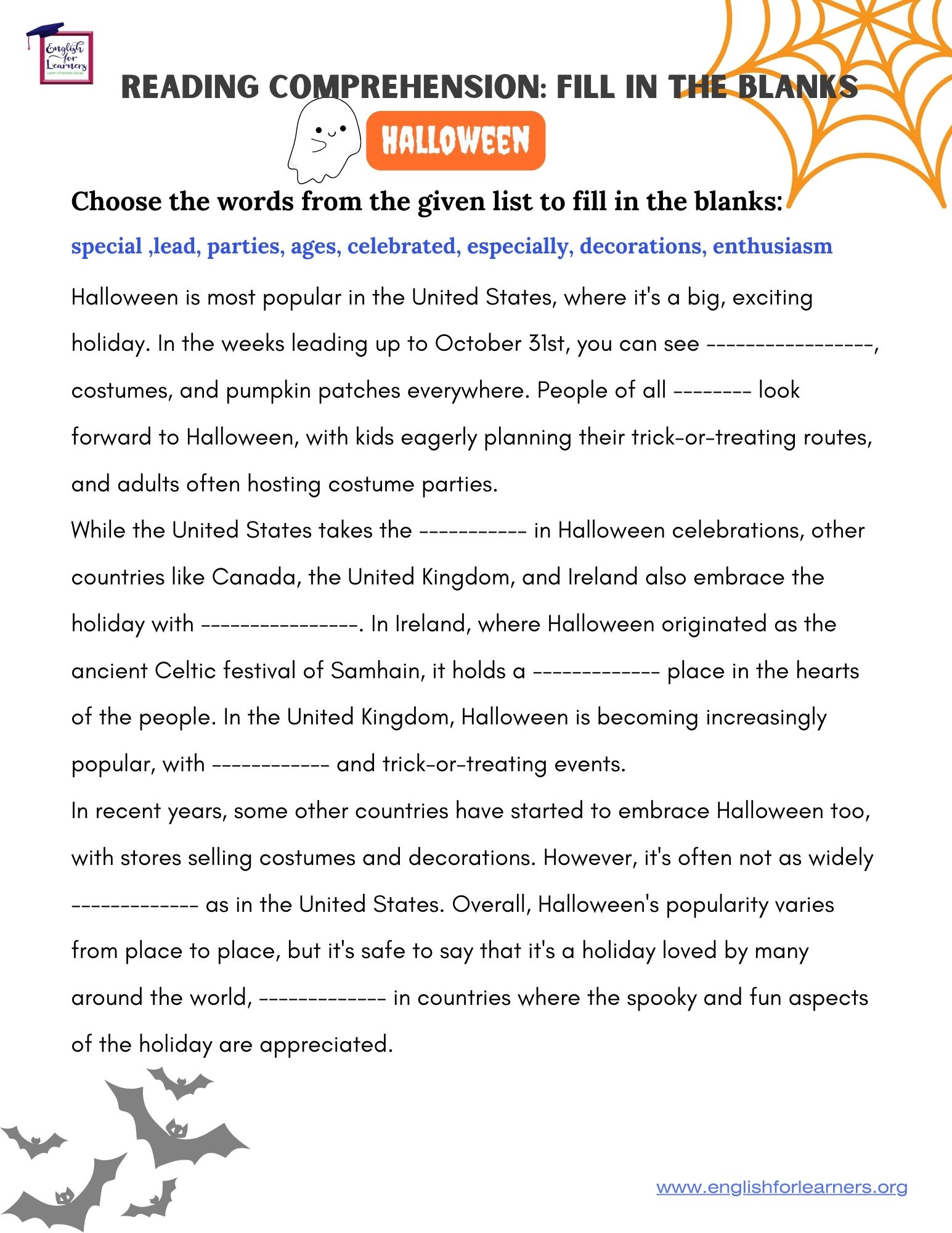 halloween reading comprehension, halloween fill in the blanks, halloween reading worksheet