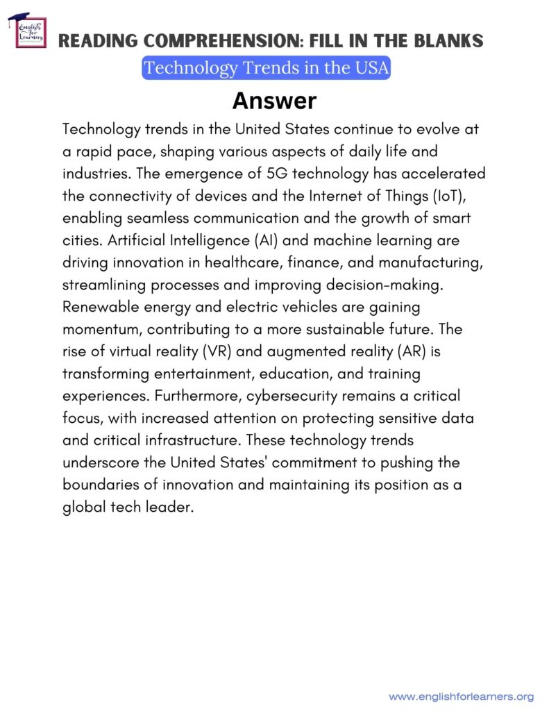 reading comprehension worksheet, reading comprehension technology trends, fill in the blanks worksheet, missing words reading comprehension worksheet