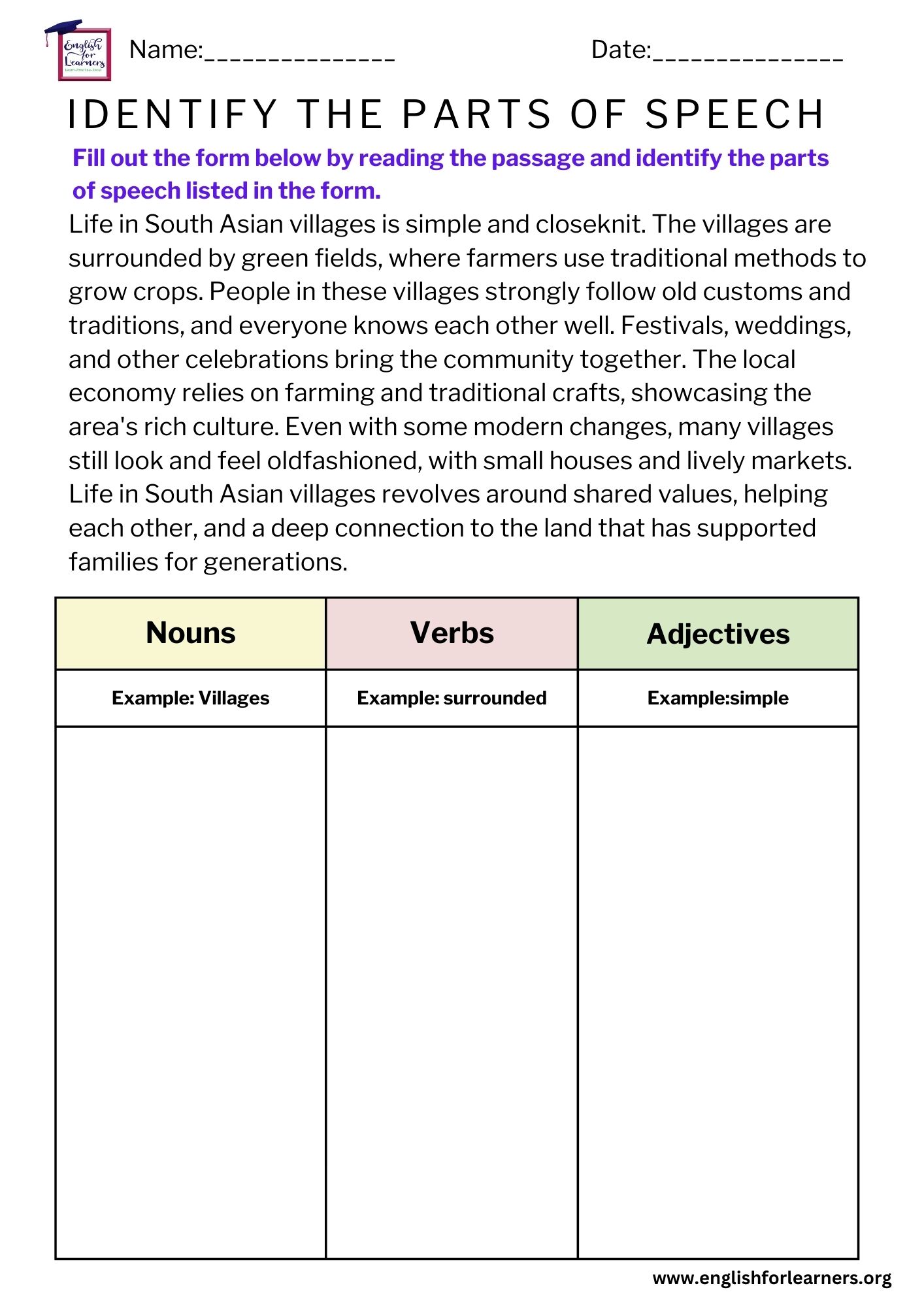 identify parts of speech worksheet, parts of speech quiz
