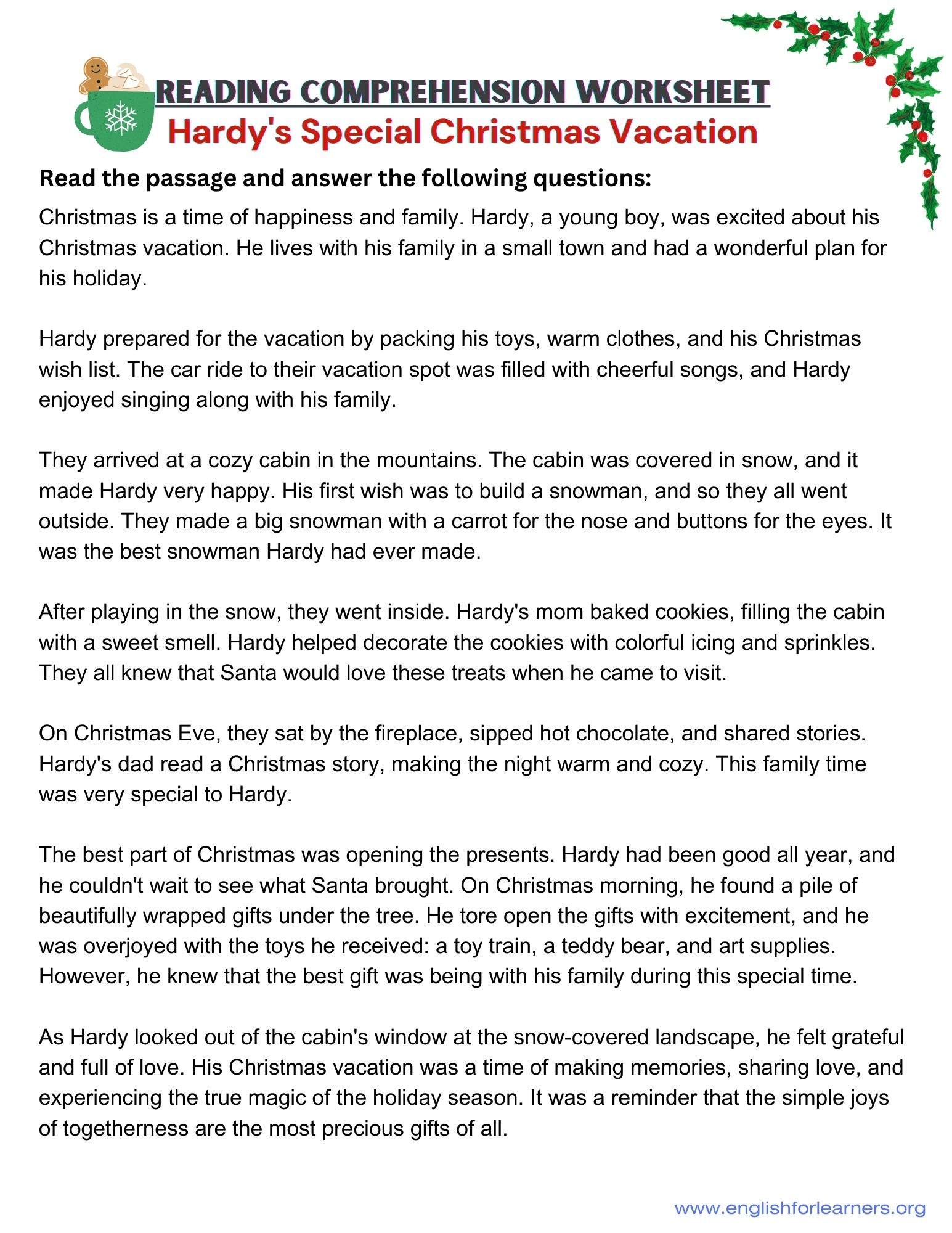 Christmas reading comprehension, reading passage christmas, reading worksheet on christmas, 