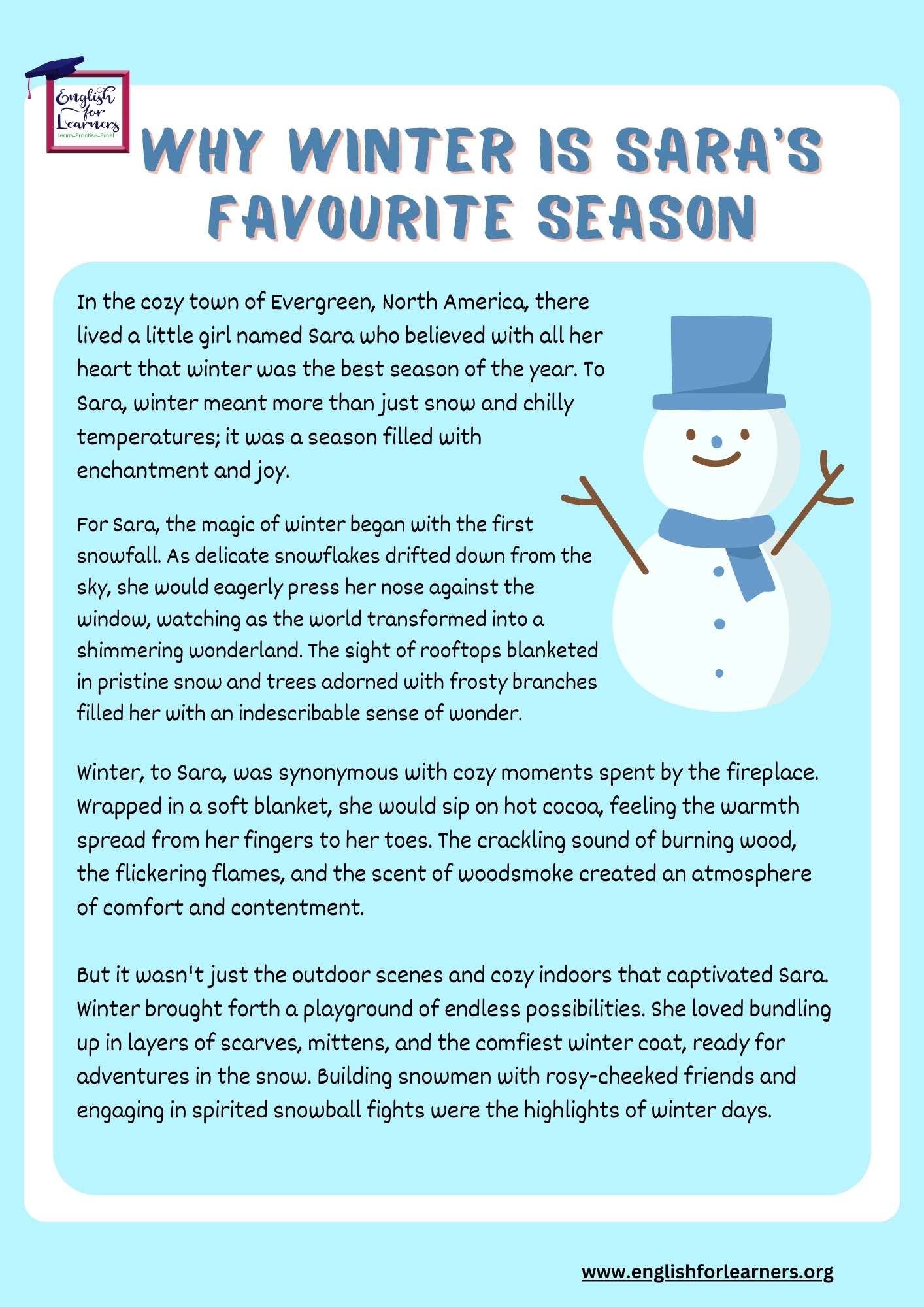 Reading Comprehension Winter: Why Winter Is Sara's Favourite Season