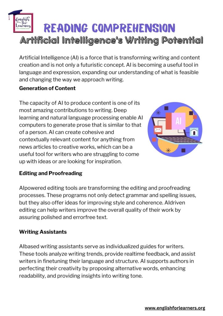 Reading comprehension artificial intelligence for writing, artificial intelligence for writing