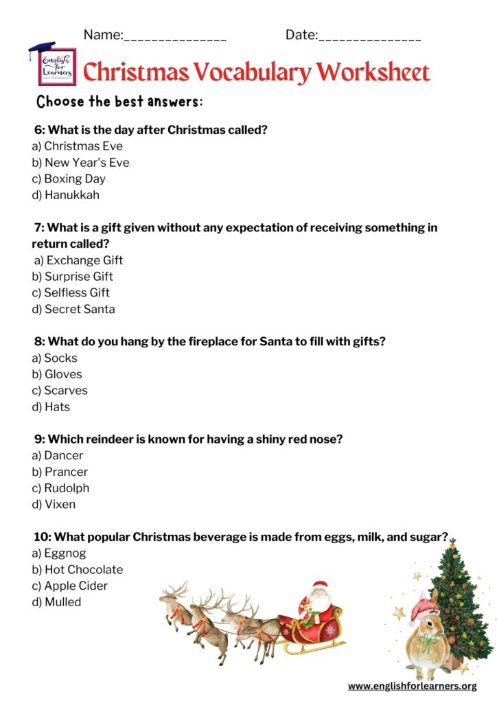 Xmas vocabulary worksheet, learn Christmas Vocabulary