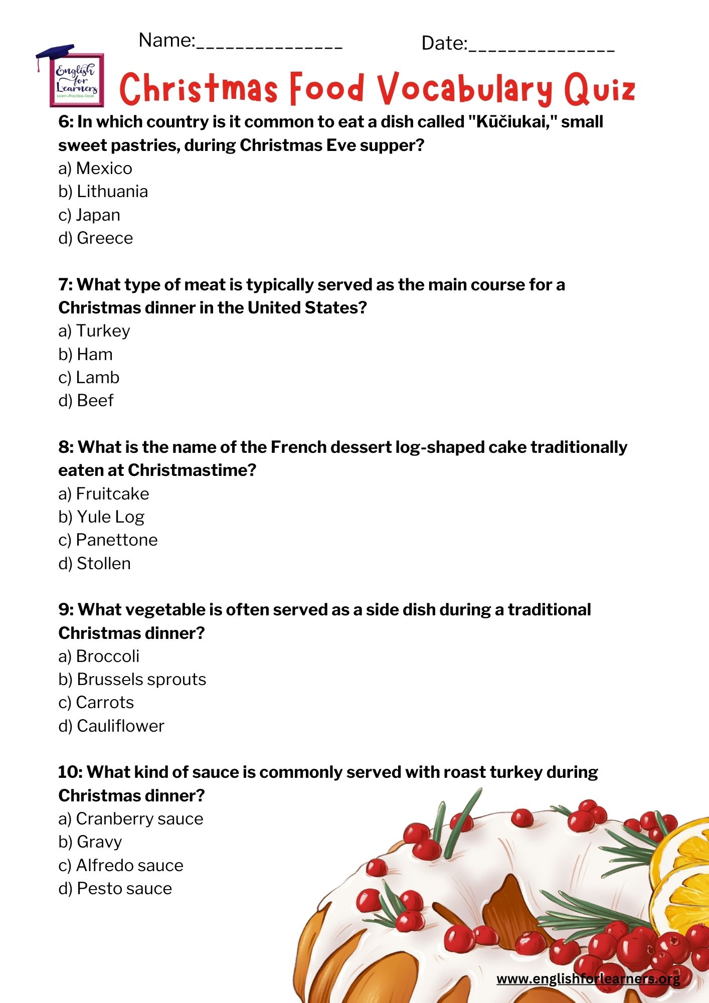 Christmas Food Vocabulary Quiz  Christmas Food Worksheet