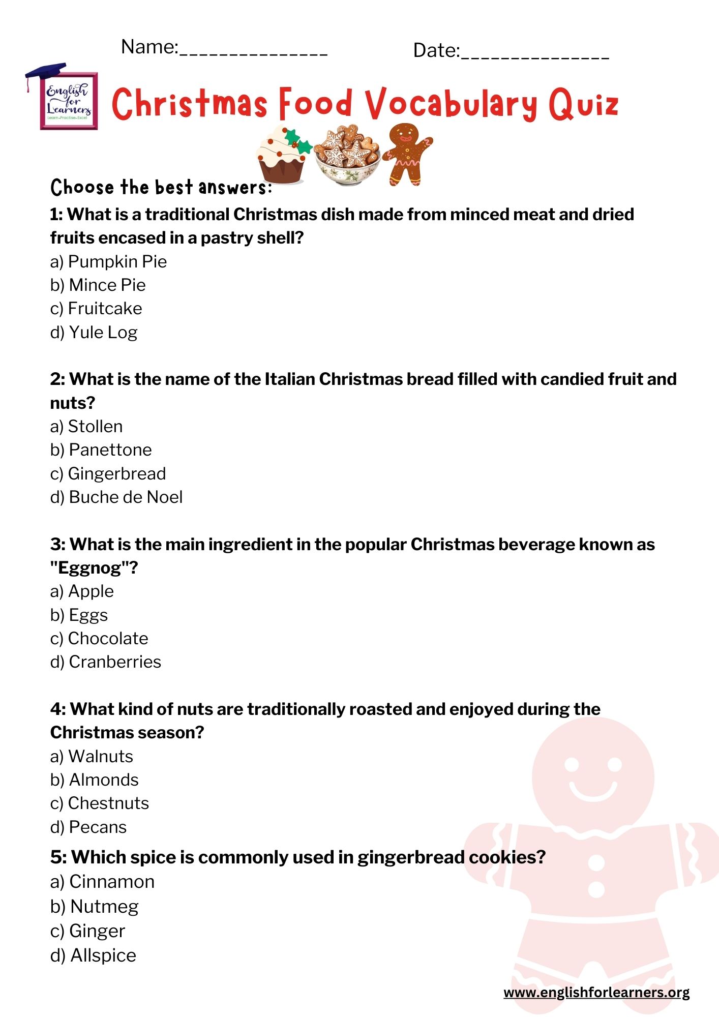 Christmas Food Vocabulary Quiz | Christmas Food Worksheet