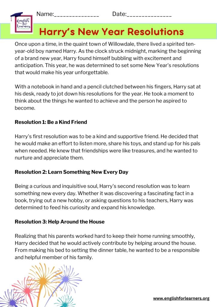 New Years resolution comprehension passage, comprehension passage harry's new year resolution