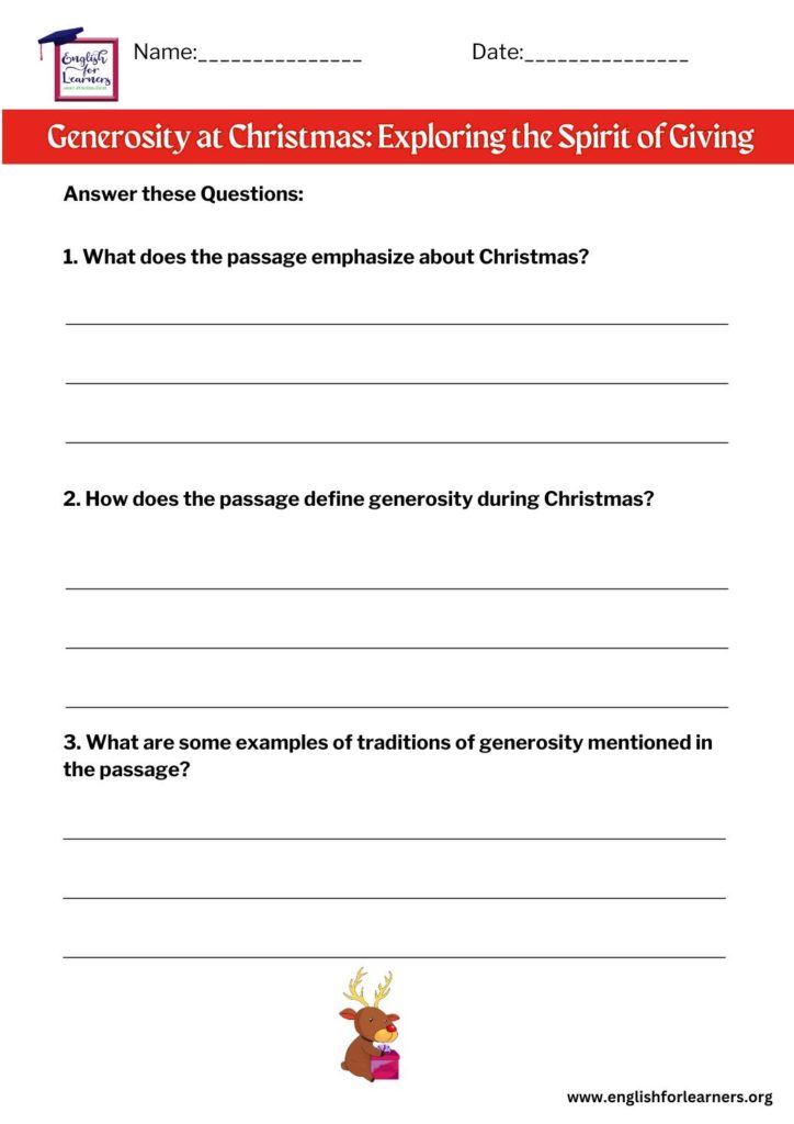 Season of giving Christmas reading comprehension