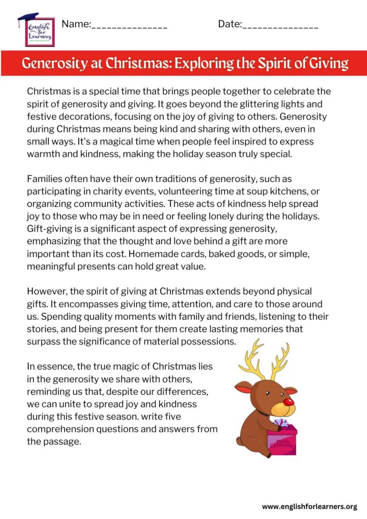 reading comprehension about Christmas