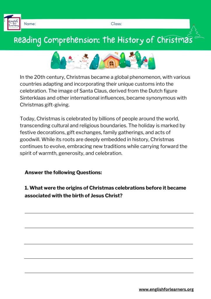 Reading comprehension christmas, reading comprehension worksheet about Christmas