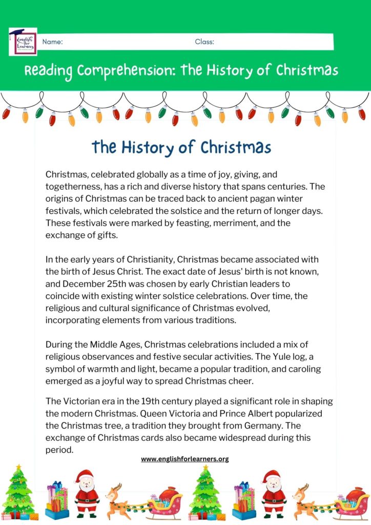 reading comprehension the history of Christmas, Christmas reading comprehension, 