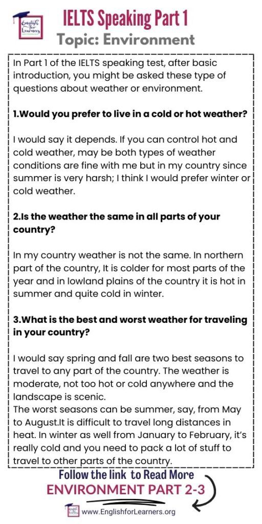 IELTS Speaking Part 1 Environment, IELTS Speaking Environment, would you prefer to live in cold or hot weather, best and worst weather for travelling