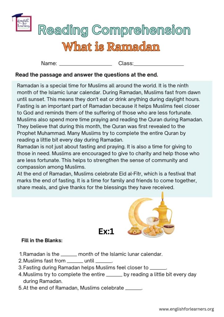 reading passage worksheet about Ramadan, reading worksheet ramadan,