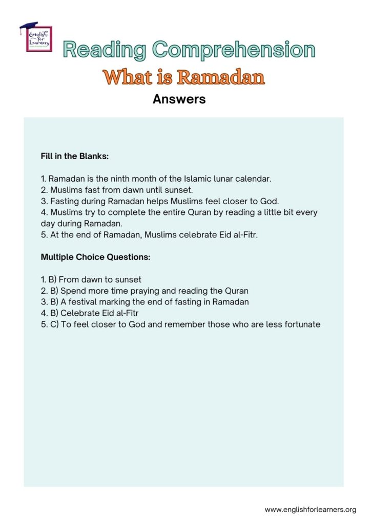 Ramadan reading comprehension worksheet with answers